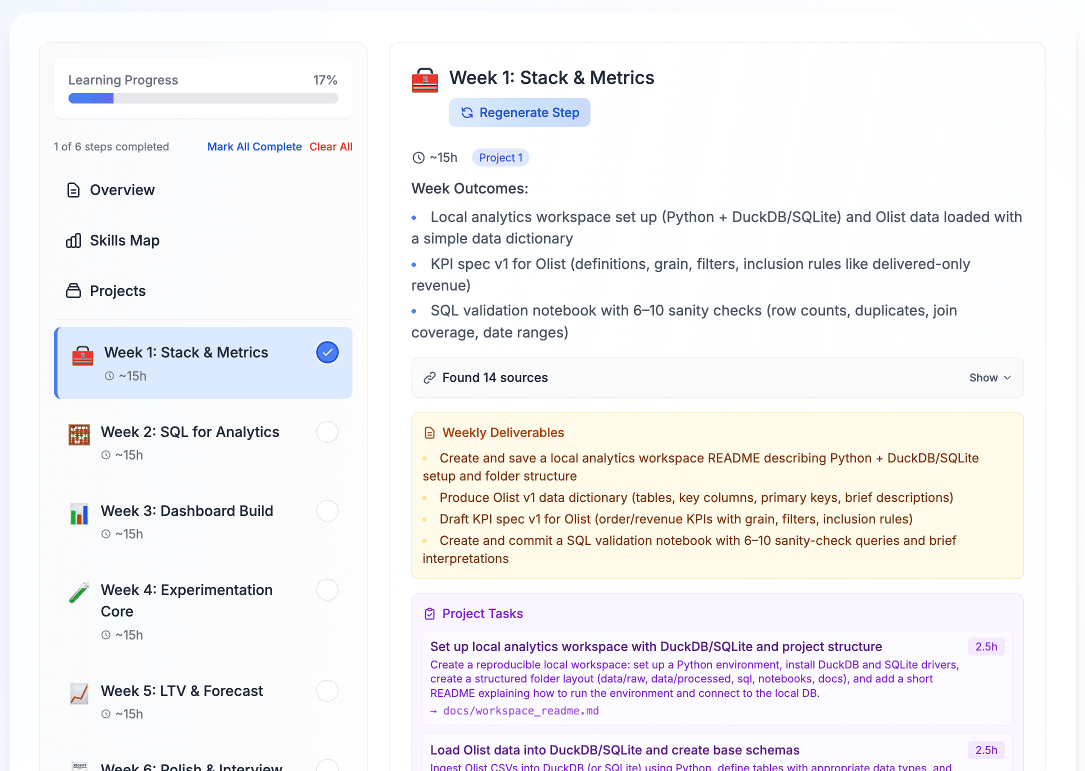 Example roadmap output showing week-by-week plan, projects, and skills map